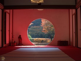 秋は本堂にあるこの丸窓越しに見る紅葉が明月院のひとつの撮影ポイント。