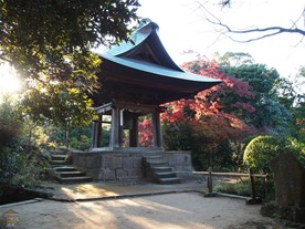 神武寺の鐘楼。こちらは逗子の景色を代表する「逗子八景」の一つ（神武寺の晩鐘）として定義されている。この日境内で唯一紅葉していた楓をバックにすると絵になる。