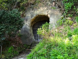 階段を上って道なりに進むと光則寺の裏山にたどり着く。そしてここが日郎が閉じ込められていたという土牢。土牢の周りは補強されているようだが、中は当時のままにしてあるのか、天井が崩れていた。