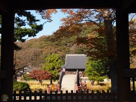 仁王門から境内を覗くと、アーチ状の橋が見える。称名寺独特の構造物。